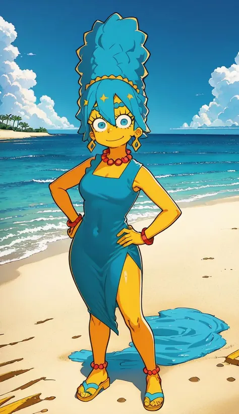 1girl, yellow skin, voluminous blue hair, red beaded necklace, hands on hips, standing confidently, <lora:Marge_Simpson:1> Marge Simpson,  ocean, palms, sand, sun, clouds, smiling, red sandals, looking at viewer, solo, blue hair, standing, vector colors, c...