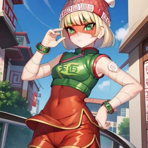 <lyco:anime girl - Min Min:1.0>, Min_Min, shiny skin, mask, beanie, blush, short hair, chinese clothes, leggings, shorts, green eyes, sleeveless