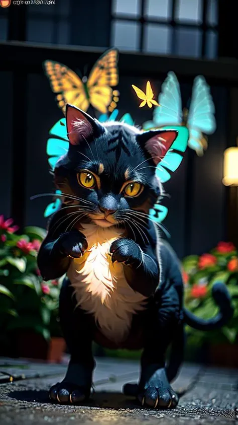 A mischievous cat, with fur as black as night, playfully pouncing on a fluttering butterfly in a whimsical garden adorned with vibrant orange, light green, and yellow flowers, (8k, RAW photo, best quality, masterpiece:1.2), (realistic, photo-realistic:1.37...