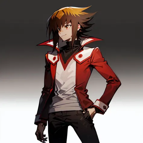 <lora:jadenYukiYuGiOhThe_v2:0.8>1boy, Judai Yuki, black_pants, black_shirt, brown_eyes, brown_hair, closed_mouth, duel_academy_uniform_yu-gi-oh!_gx, hand_in_pocket, hand_on_hip, jacket, long_sleeves, looking_at_viewer, male_focus, open_clothes, open_jacket...