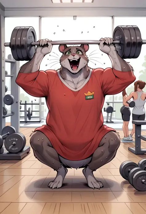 Capybara doing workout in a zoo gym, she is happily sweating, you see a big dumbbell but with a hamburger on each side.