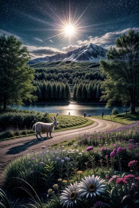 masterpiece, best quality, intricate detailed, depth of field, ultra-detailed, ultra realistic, real life photo realistic, surreal, lifelike, RAW photo, 8k, landscape, a lot of kinds of flowers, flowers field, glitter, moonlight, lakes, meadows, Crystal fa...