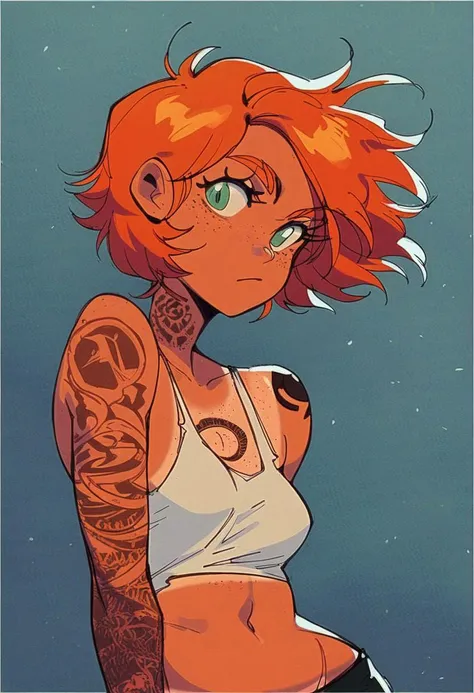 score_9_up, score_8_up, score_7_up, dynamic pose, portrait, headshot, 1girl, short hair, orange hair, green eyes, tan skin, tanlines, freckles, small breasts, arm tattoo, neck tattoo, stomach tattoo, thigs tattoo, chest tattoo, shoulder tattoo, white tank ...