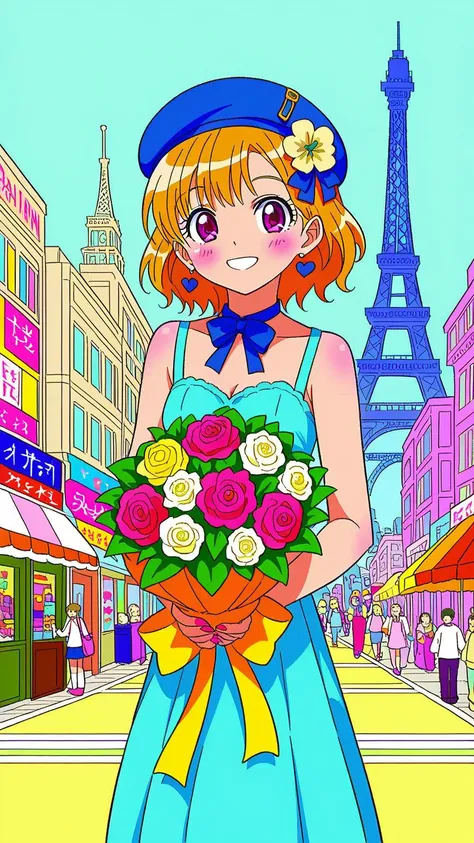 (1girl:1.3), (cute:1.2), (anime style:1.1), (detailed background:1.2), (flat colors:1.2), (lineart:1.1), ((bright colors)), ((smiling, holding a bouquet)), (Parisian street), (Eiffel Tower in background), (flower market), (street cafes), (spring atmosphere...