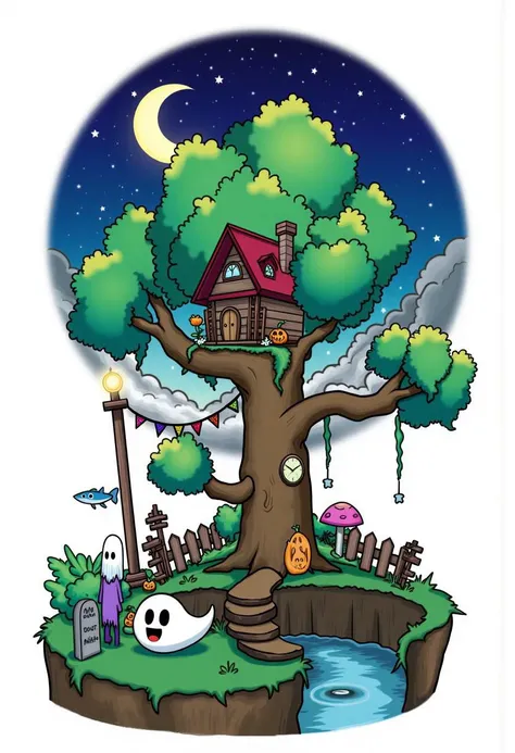 A detailed digital illustration of a tree house, a ghost, and a ghostly village. The illustration is a detailed detailed illustration, with vibrant colors and intricate details, no humans, 1other, crescent moon, moon, tree, ghost, night, grass, star (sky),...