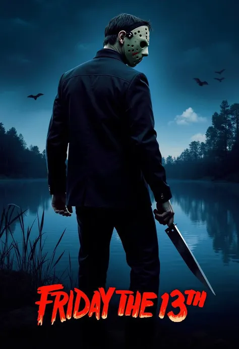 poster for the movie Friday the 13th: it depicts Jason Voorhees with a hockey mask, big knife in hand, behind his back you can see the night sky and the surface of the lake
((text in red letters: Friday the 13th))