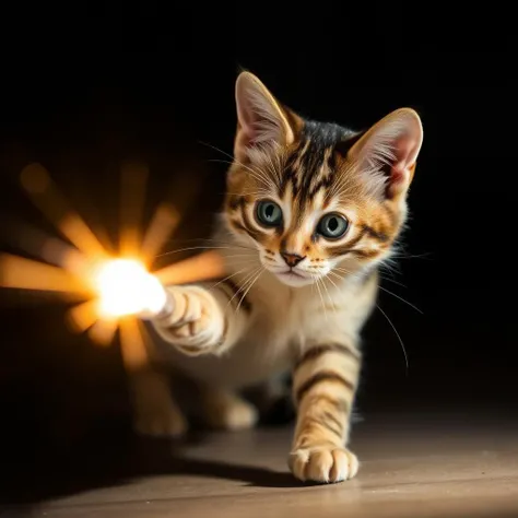 a cute cat focused chasing a flash of light