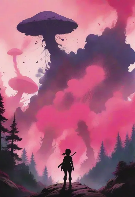 Studio Ghibli style, Nausicaa silhouette, backdrop of spore forest, eruptions of chromatic ink, fuchsia splashes, muted shades disrupted by vibrant saturation, 
[betterandrich::0.0],