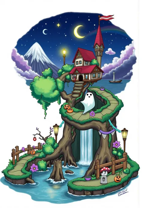 A detailed digital illustration of a tree house, a ghost, and a ghostly village. The illustration is a detailed detailed illustration, with vibrant colors and intricate details, no humans, 1other, crescent moon, moon, tree, ghost, night, grass, star (sky),...