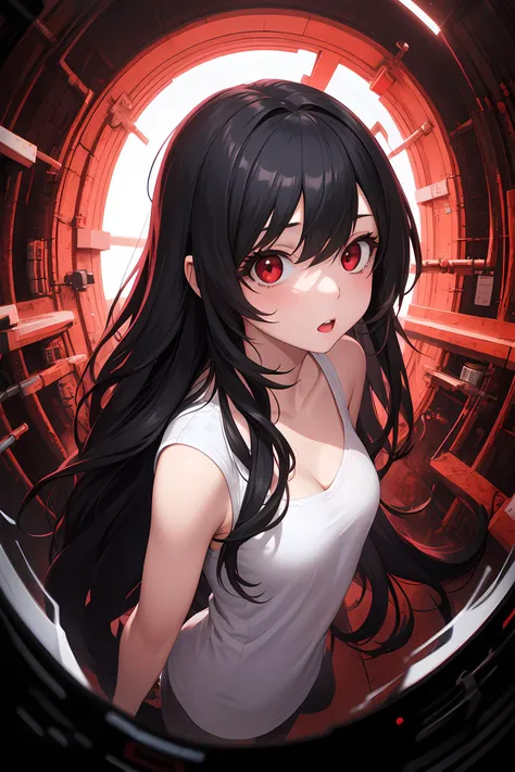 1girl, long hair, black hair, red eyes, fisheye Lens