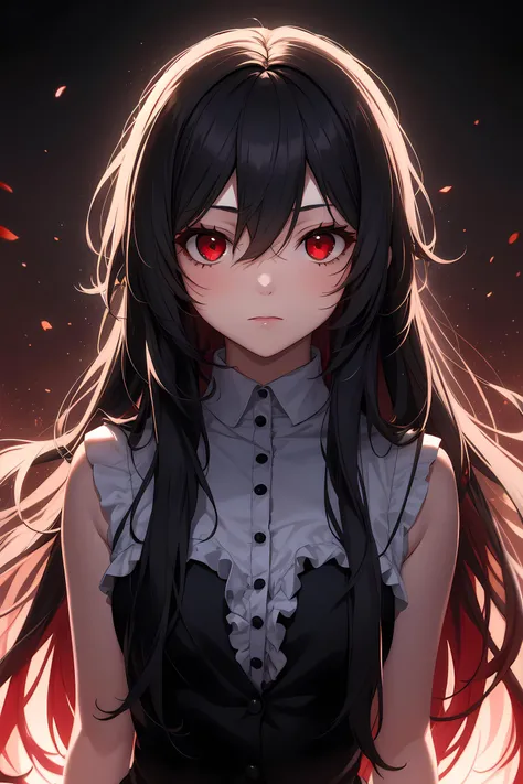 1girl, long hair, black hair, red eyes, long exposure style