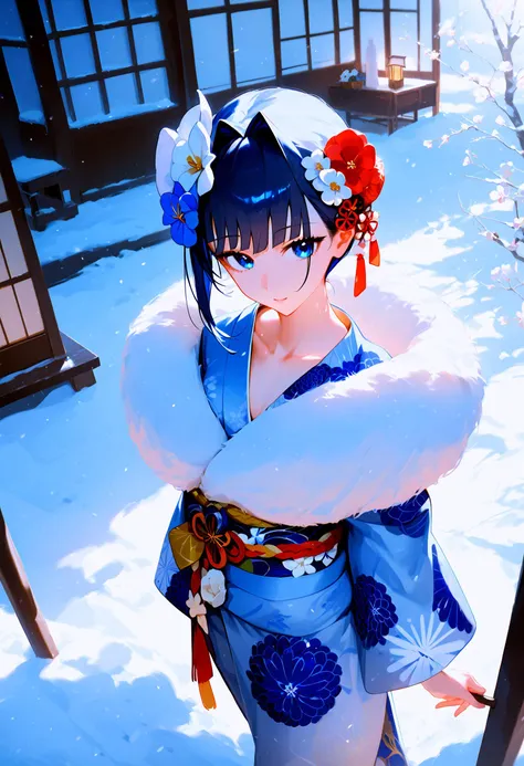 ouro kronii, ouro kronii (new year), virtual youtuber, blue eyes, hair flower, hair intakes, short hair, black hair, chest sarashi, floral print kimono, white kimono, blue kimono, collarbone, official alternate costume, blue hair, off shoulder, white flowe...