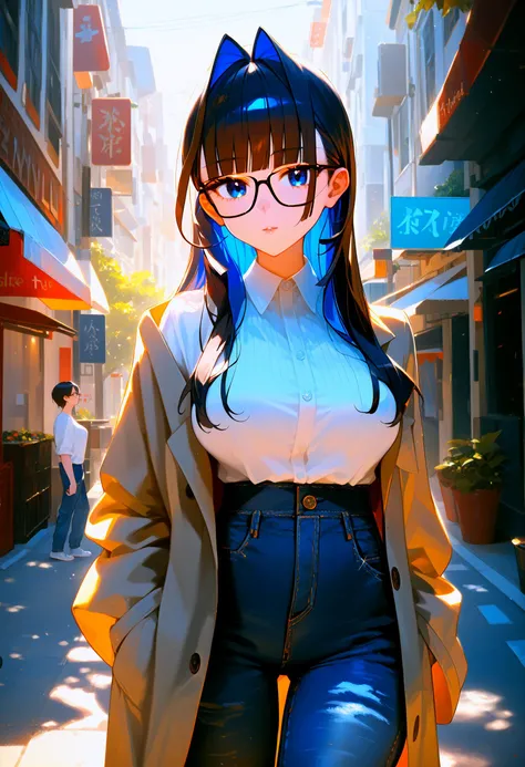 ouro kronii, ouro kronii (casual), virtual youtuber, high-waist pants, long hair, blue hair, blue eyes, glasses, hair intakes, official alternate costume, looking at viewer, large breasts, colored inner hair, jeans, white shirt, blunt bangs, black hair, se...