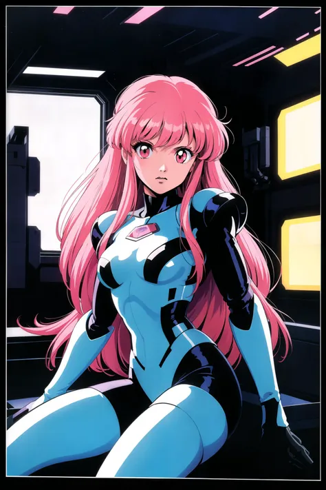 1980s \(style\), (masterpiece, best quality:1.3), 1girl, mechanical suit, spaceship, bay window, laser gun, long hair, pink hair...