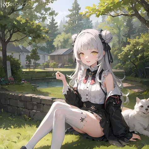 masterpiece, high detail, best quality, <lora:murasaki_shion:0.7>, 1girl, grey hair, murasaki shion, yellow orange eyes, hair bun, white shirt, long sleeves, black skirt, black thigh highs, white shoes, outside, park, lake, trees, bushes, sitting, grass