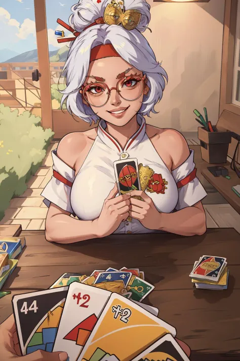 (masterpiece, best quality, absurdres, 4k, aesthetic, detailed, intricate, perfect lighting),<lora:unomeme_v1:0.7>  unomeme,playing card game, across table,1girl,purah,red glasses, hair ornament, hair stick, red headband, white shirt, bare shoulders,  smug...