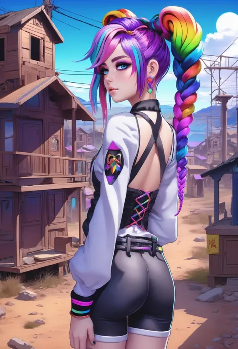 1girl, anime, beautiful girl with rainbow hair with violet highlights, Mohawk Braid, in a  ghost town, hourglass figure, facing viewer<lora:envy_xl_test_5:0.75>