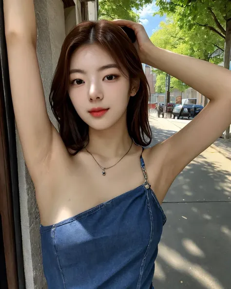 high_quality, (realistic, photo_realistic:1.4), RAW photo, natural light,  solo, 1girl, beautiful Korean idol, lialorashy, lia itzy, detailed skin, necklace, slender figure, armpit, bare shoulders, looking at viewer, (smile:0.2), dynamic pose, outdoors, st...