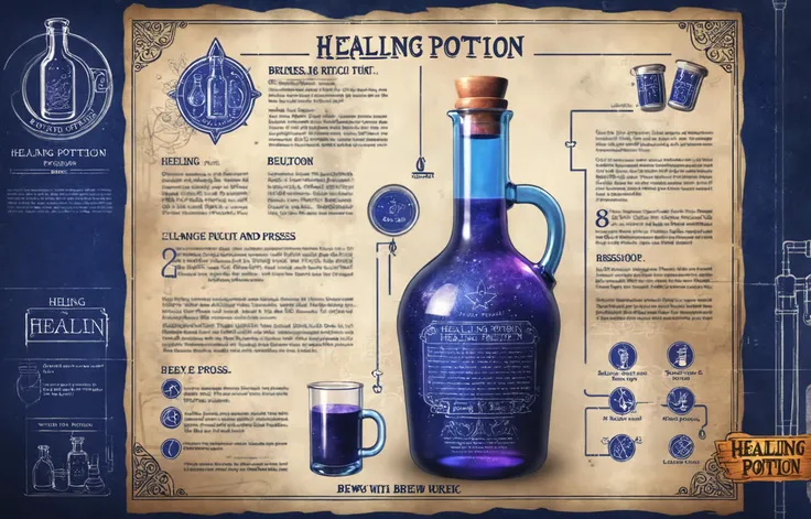 bl3uprint, a highly detailed blueprint of ((healing potion)), explaining how to brew it, recipe with ingredients and detailed brewing process, high detail, 4k, <lora:more_details:0.6> <lora:xl_more_art-full_v1:0.3> <lora:bl3uprint:1>