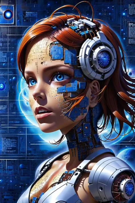 explaining how to build all parts, many text, blueprint grid backdrop <lora:bl3uprint:1>,bl3uprint, Destroyed robot, abandoned factory, hair of rusted wires and circuits, partial synthetic skin covering, broken face robotics showing through torn skin, malf...