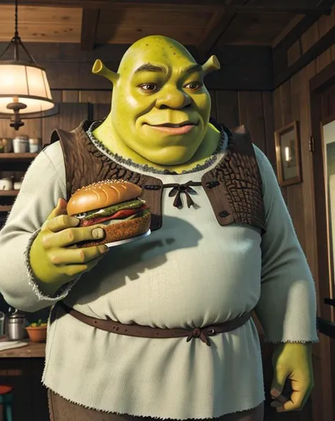 portrait picture of (shrex:1.1) <lora:ShrekDoguVersion2:0.9> , fatass, 8k uhd, dslr, high quality, film grain, Fujifilm XT3, shrek eating a hamburger,  <lora:HamburgeranimeV1:0.6>, two-handed burger