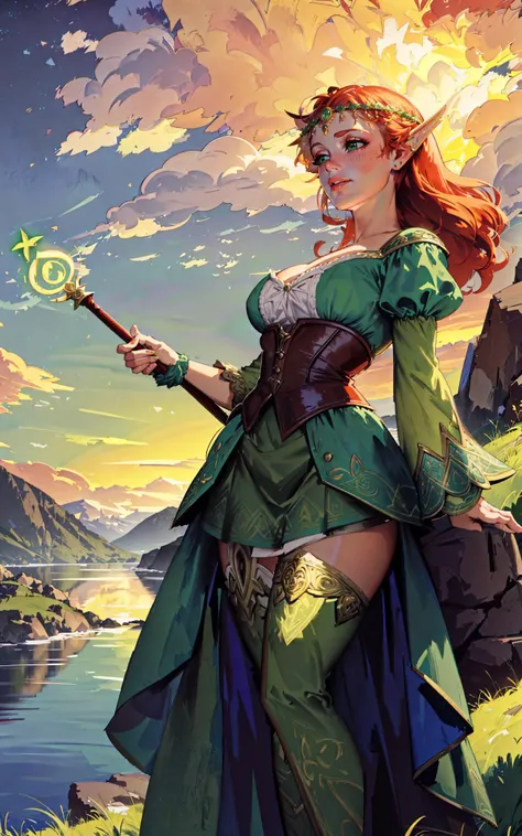 outdoor Scottish highlands, vivid sunset hues, fantasy setting. A striking redhead woman, (distinctly Scottish), wearing an elaborate elven inspired gown is a fusion of deep emerald green and earthy browns, with intricate Celtic knotwork embroidery in gold...