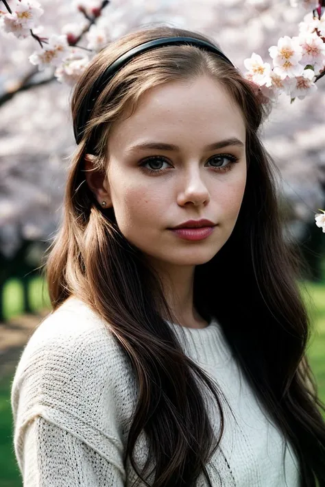 photo of beautiful (SusLu3_V1A_TTX:0.99), a woman, perfect hair, (closeup portrait), (modern photo, Nude Pink Chunky knit headband), 24mm, (analog, cinematic, film grain:1.3), (A tranquil, sunlit orchard of cherry blossoms:1.2), detailed eyes, (seductive p...