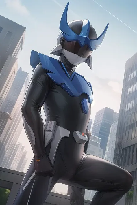 masterpiece,ultra detail,best quality,1man,hero,wingman,outdoor,city road <lora:wingman:0.9>,no expression,dutch angle,comic,black bodysuit,helmet,stylish pose,from below