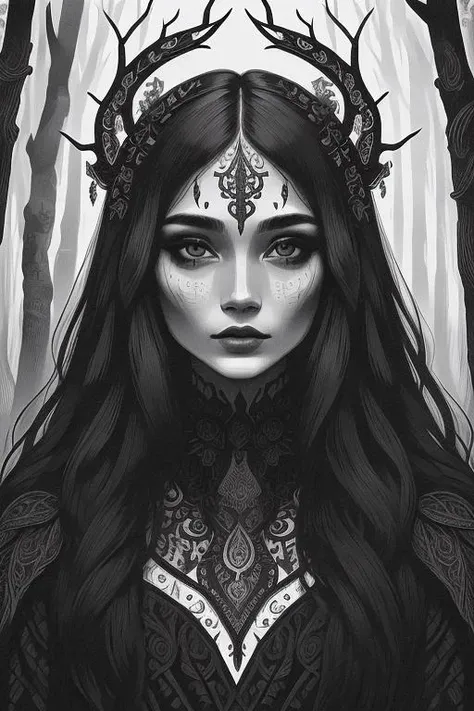 woman in a mythical forest, masterpiece, perfect face, intricate details, horror theme <lora:sketchkha:1> black and white, sketchkha