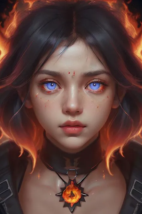 a woman with blue eyes and a necklace with a fire on it