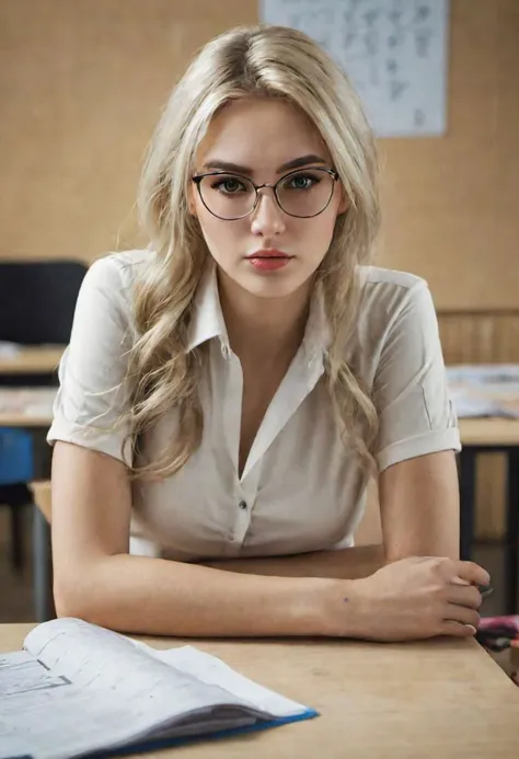 a woman sitting at a desk with a book and glasses