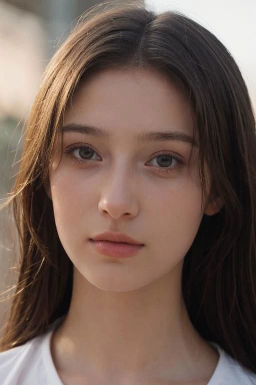 a woman with long hair and a white shirt looking at the camera