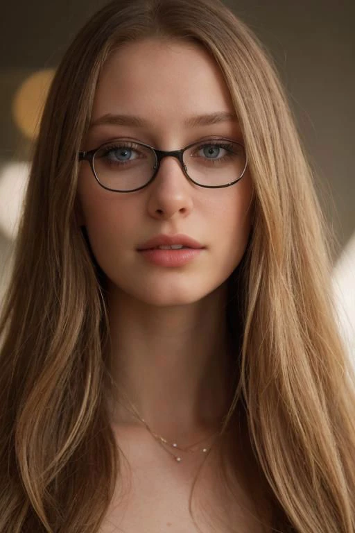 a woman with glasses and a necklace is looking at the camera