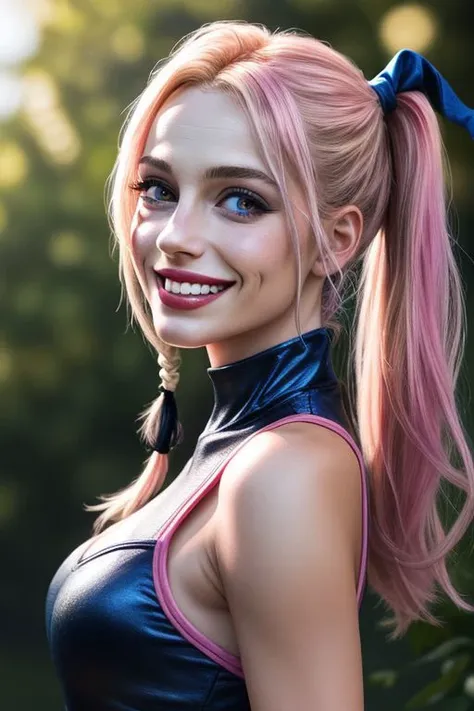 a close up of a woman with pink hair and a ponytail