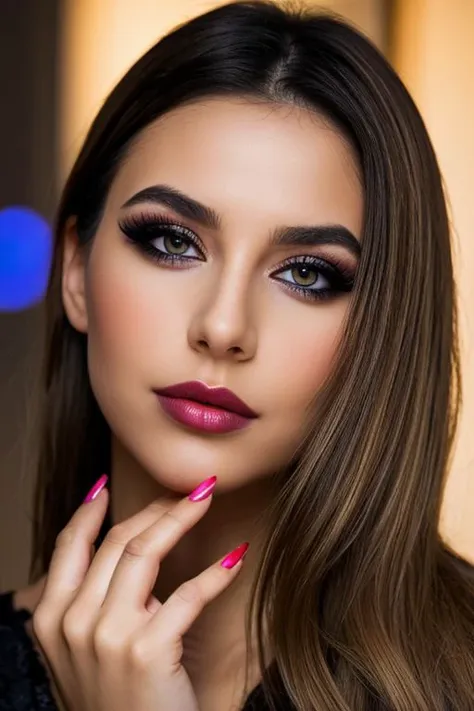 a woman with long brown hair and pink nails posing for a picture