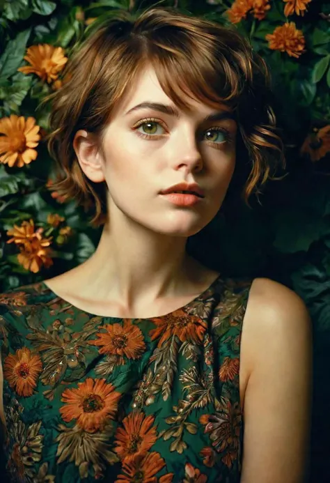 a woman with a green dress and flowers in the background