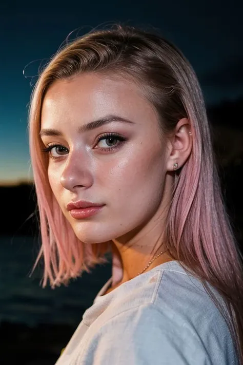 a close up of a woman with pink hair and a white shirt