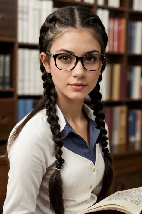 a close up of a woman with glasses sitting in front of a book