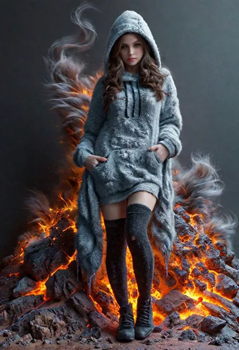 a woman in a gray coat and black boots standing in front of a pile of rocks