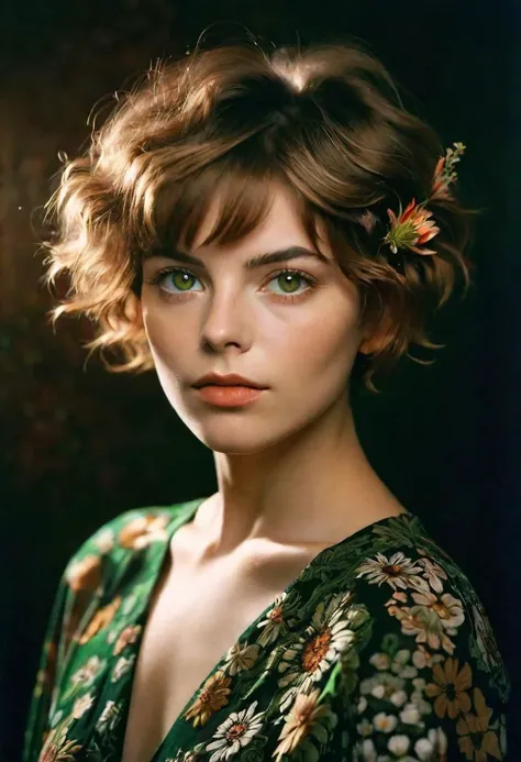 a woman with a flower in her hair and green eyes