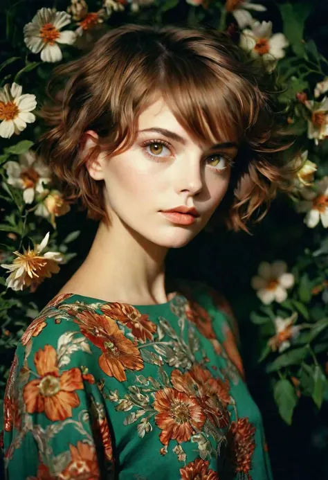 a close up of a woman with a green dress and flowers