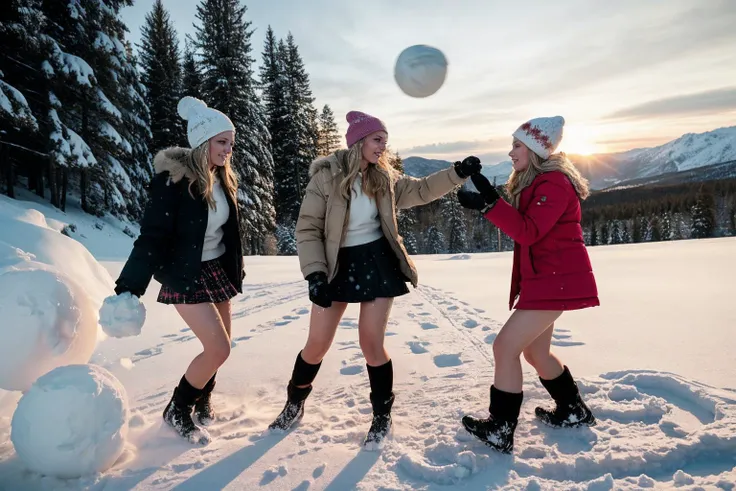 three women in winter clothes playing with a snowball in the snow