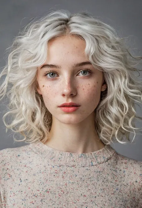 a woman with blonde hair and freckled sweater posing for a photo