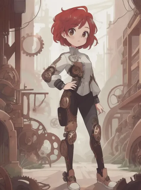 a cartoon picture of a woman with red hair and a steampunk outfit