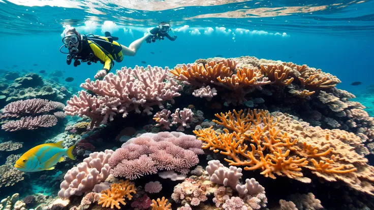 Vibrant Coral Reefs: Dive into the Great Barrier Reef in Australia, where a kaleidoscope of colorful coral and marine life awaits beneath the surface