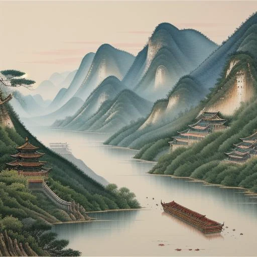 beautiful Chinese Landscape Art, best quality, intricate, (water colors), muted colors