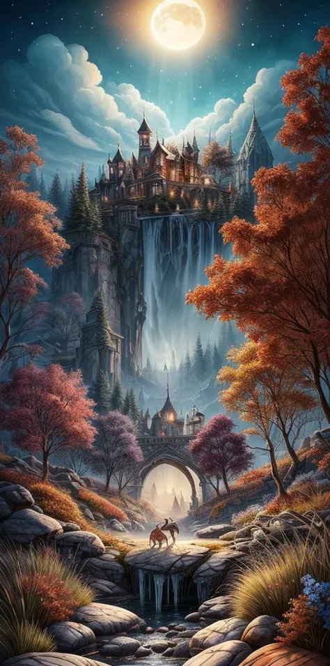 a painting of a castle in the middle of a forest