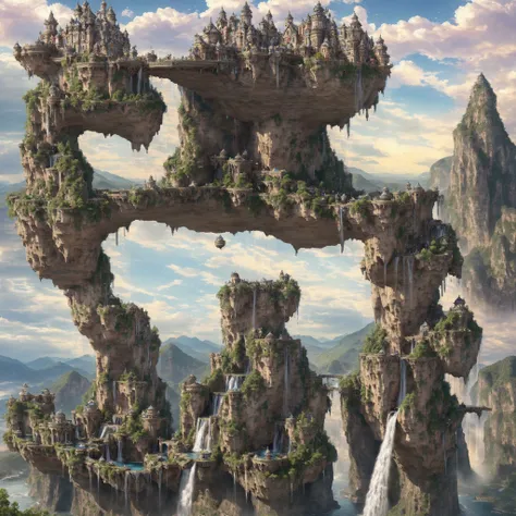 steampunk aesthetic, floating sky castles,  beautiful ((waterfalls)) on top and falling off of the edge of the (sky castle), ((hyper realistic)), (photo realistic),  8K resolution, UHD quality, blimp in the background, (sky backdrop is vibrant and dynamic)