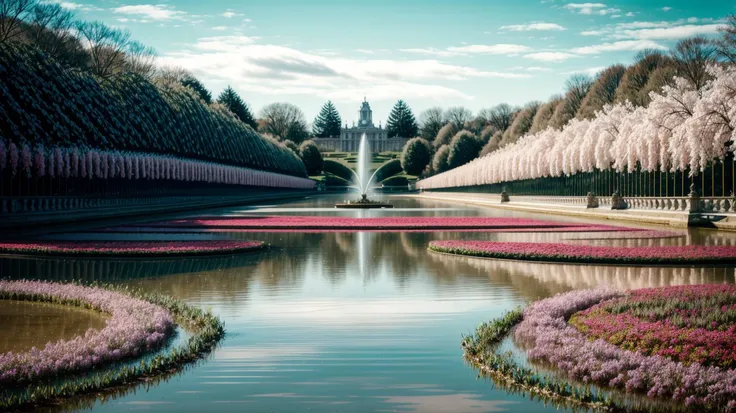 a profestional picutre of  Gardens of Versailles, France: The Gardens of Versailles bloom in spring, where meticulously manicured lawns, flower beds bursting with color, and the grand fountains create a regal and enchanting atmosphere. ,wide angle, landsca...