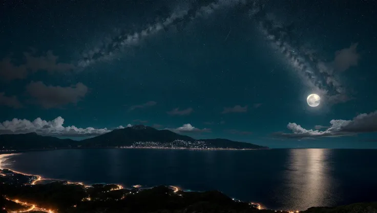 ((masterpiece:1.4,best quality)),  cloud,   outdoors,  (ocean:1.6),bloom, sparkle, ( mountain line in background:1.2), open sea,
scenery,  sky,
(night:1.4),   moon,  moonlight,  high detail, abundant, 8k, high detail,   wallpaper